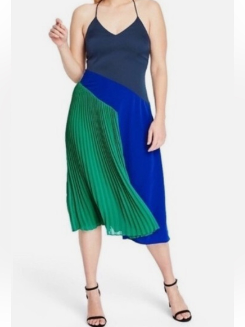 Cushnie x Target Blue & Green Colorblock Pleated Silky Midi Dress. Size 4 - Picture 2 of 15